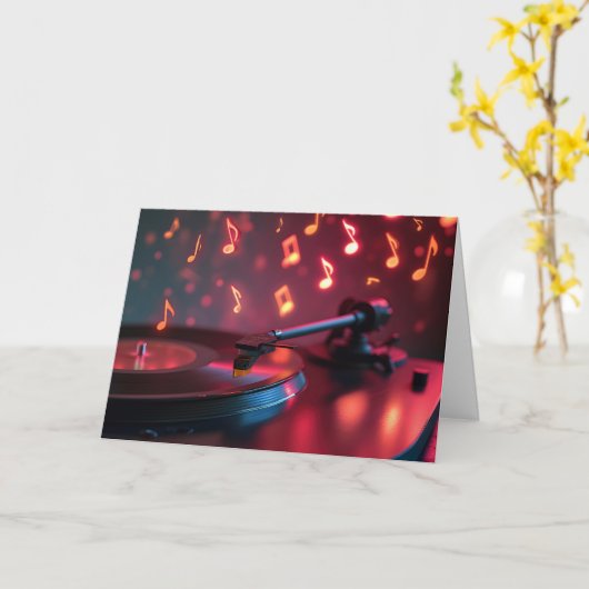 Verjaardag Platenspeler Muziek met Neon Notes Kaart (Gele Bloem)
