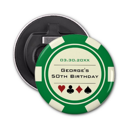 Verjaardag Poker Chip Casino Thema Groen Van Wit Button Flesopener (Voorkant)