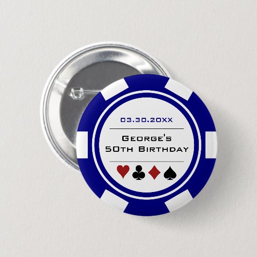 Verjaardag Poker Chip Casino Thema Wit Blauw Ronde Button 5,7 Cm (Voorkant /achterkant)