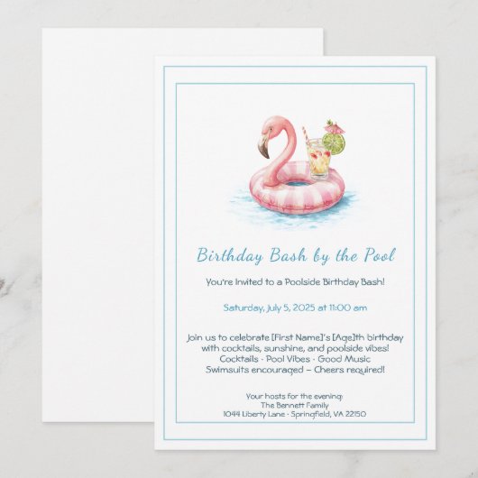 Verjaardag Pool Party Uitnodiging met Cocktails (Voorkant / Achterkant)