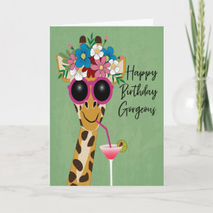 Verjaardag prachtige giraffe met bloemen en zonneb kaart