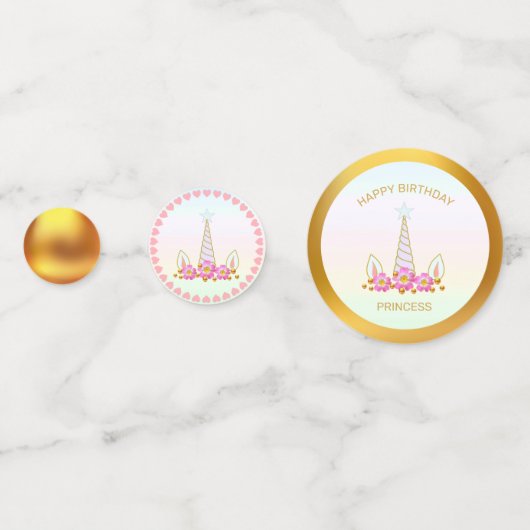 Verjaardag Prinses Eenhoorn, Harten & Goud Confetti (Voorkanten)