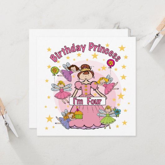 Verjaardag Prinses Ik ben Vier T-shirts en Geschen Kaart (Voorkant / Achterkant in situ)