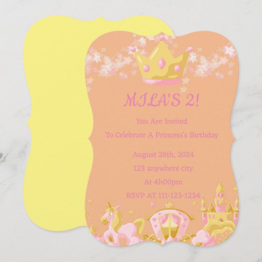VERJAARDAG PRINSES UITNODIGING PERZIK KLEUR (Voorkant / Achterkant)