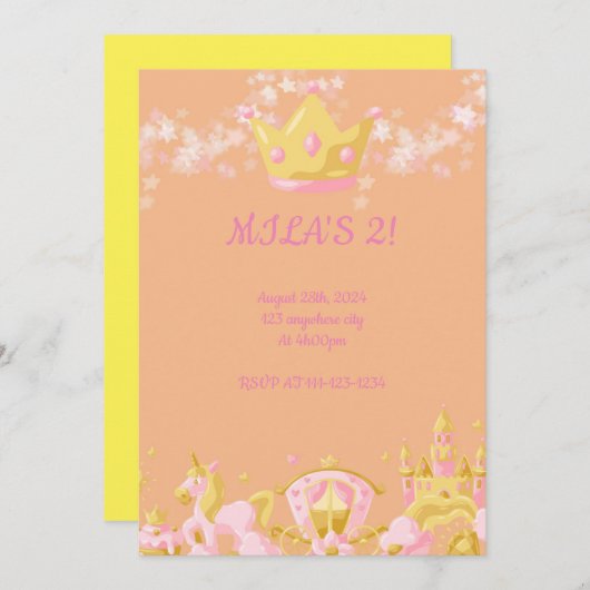 VERJAARDAG PRINSES UITNODIGING PERZIK KLEUR (Voorkant / Achterkant)