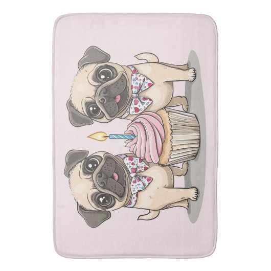Verjaardag Pug Dogs Cupcake Badmat (Voorkant Verticaal)