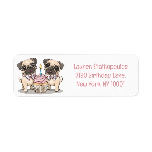 Verjaardag Pug Dogs Cupcake Etiket (Voorkant)