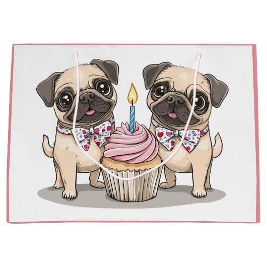 Verjaardag Pug Dogs Cupcake Groot Cadeauzakje (Voorkant)