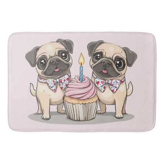 Verjaardag Pug Honden Cupcake Badmat (Voorkant)