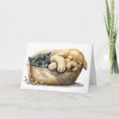 Verjaardag puppy en kitten in mand kaart (Voorkant)