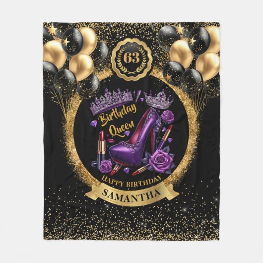 Verjaardag Queen High Heels Gouden Ballonnen Paars Fleece Deken (Voorkant)