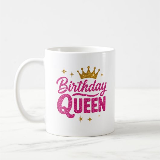 Verjaardag Queen Mok - Roze glitter tekst & Gold C (Links)
