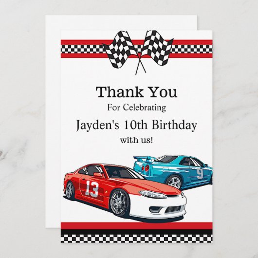 Verjaardag raceauto,  bedankkaart (Voorkant / Achterkant)