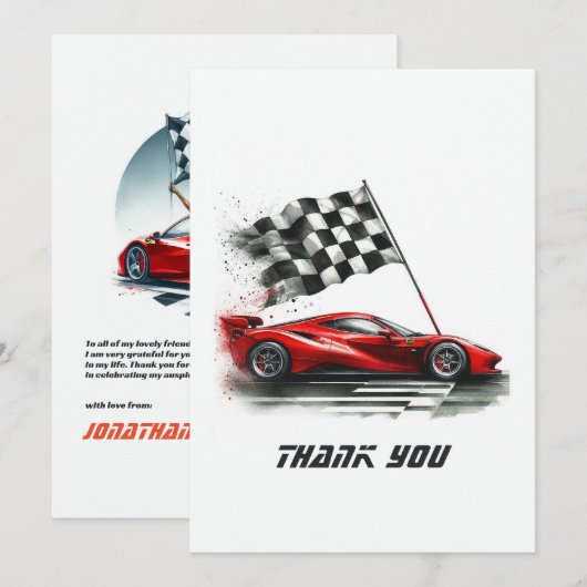 Verjaardag raceauto bedankkaart (Voorkant / Achterkant)
