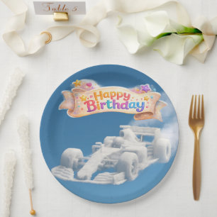 Verjaardag raceauto wolk 22.9 cm ronde papieren bo bordje