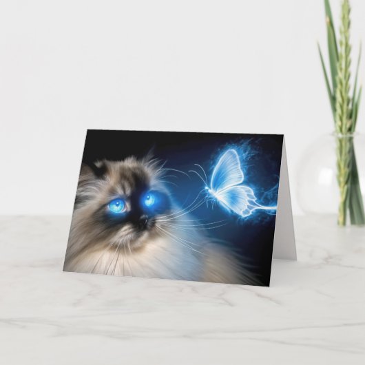 Verjaardag Ragdoll Kat Met Blauwe Neon Vlinder Kaart (Voorkant)