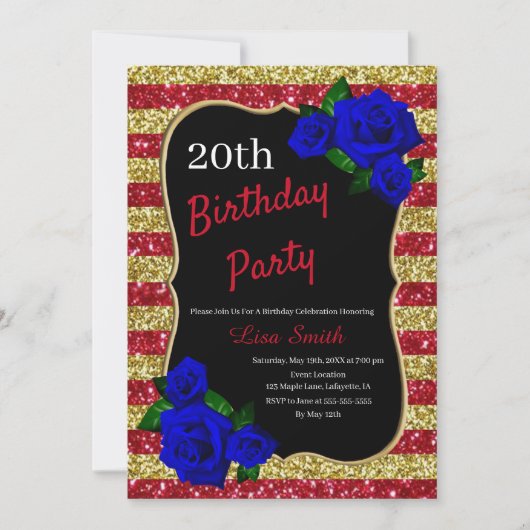 Verjaardag Red Gold Stripes Glitter Deep Blue Roze Kaart (Voorkant)