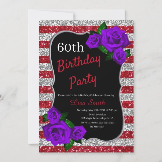 Verjaardag Red Silver Stripes Glitter Paarse Rozen Kaart (Voorkant)