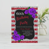 Verjaardag Red Silver Stripes Glitter Paarse Rozen Kaart (Staand voorkant)