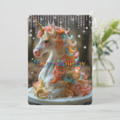 Verjaardag Regenboog Eenhoorn Cake Sterren Glitter Kaart (Staand voorkant)