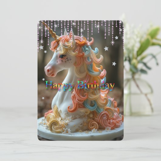 Verjaardag Regenboog Eenhoorn Cake Sterren Glitter Kaart (Staand voorkant)
