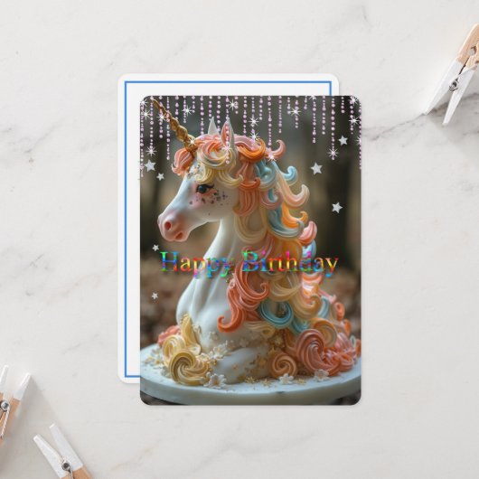 Verjaardag Regenboog Eenhoorn Cake Sterren Glitter Kaart (Voorkant / Achterkant in situ)