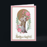 Verjaardag Religieuze Maagd Maria Floral Kaart<br><div class="desc">Met een prachtig religieus op maat ontworpen vintage beeld van de Heilige Maagd Maria en Jezus met een lam omringd door groen en roze rozen. Een  VERJAARDAG GROETEN overlay is hieronder.</div>