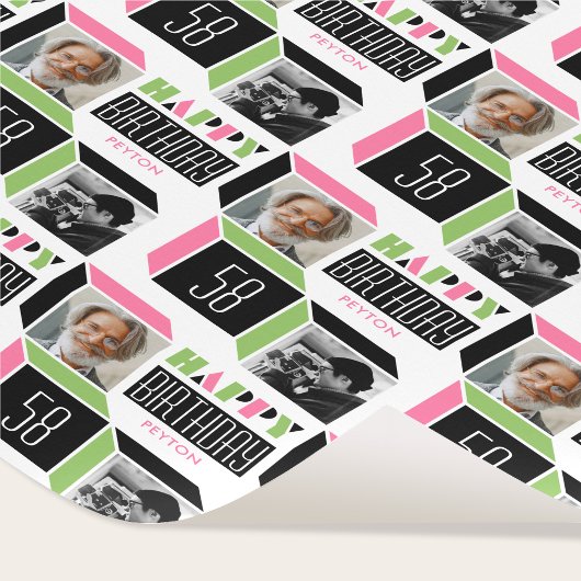 Verjaardag Retro Cube Foto 58e Roze Groen Wit Cadeaupapier