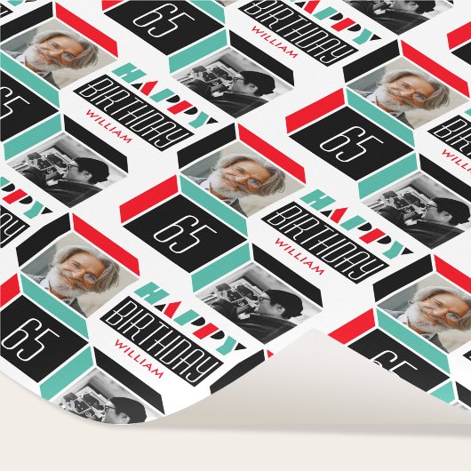 Verjaardag Retro Cube Foto 65e Rood Groen Wit Cadeaupapier