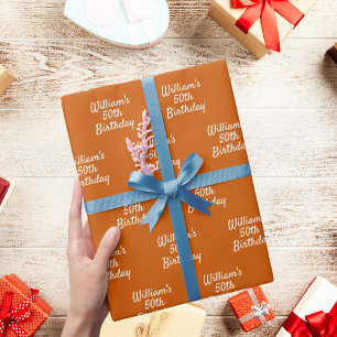 Verjaardag retro oranje naam cadeaupapier