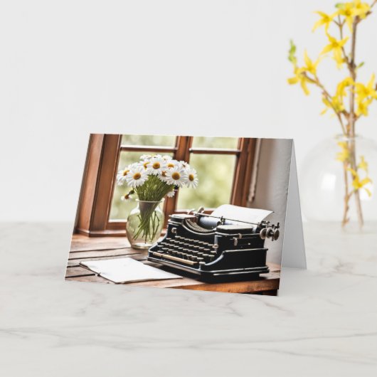 Verjaardag Retro Typewriter met madeliefjes Kaart (Gele Bloem)