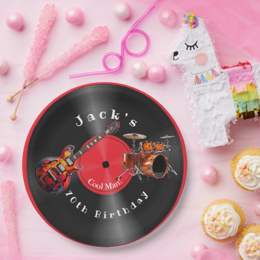 Verjaardag Retro Vinylplaat Rockmuziek Gitaar Papieren Bordje (Feest)
