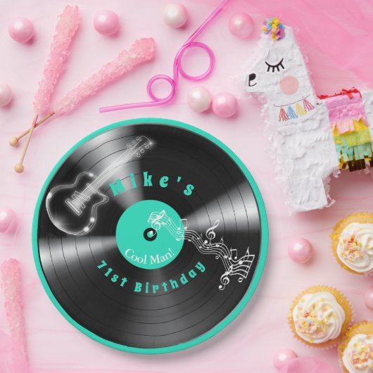 Verjaardag Retro Vinylplaat Rockmuziek Gitaar   Papieren Bordje (Feest)