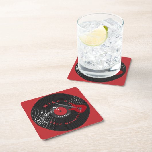 Verjaardag Retro Vinylplaat Rockmuziek Rode Gitaar Kartonnen Onderzetters (Insitu)