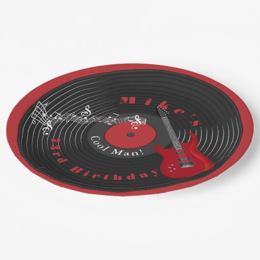 Verjaardag Retro Vinylplaat Rockmuziek Rode Gitaar Papieren Bordje (Gekanteld)