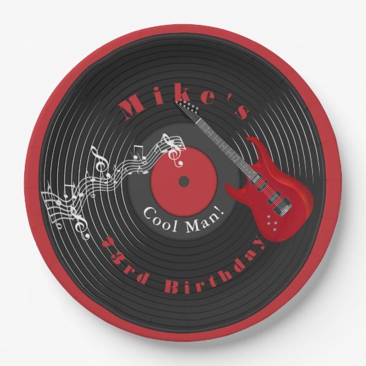 Verjaardag Retro Vinylplaat Rockmuziek Rode Gitaar Papieren Bordje (Voorkant)