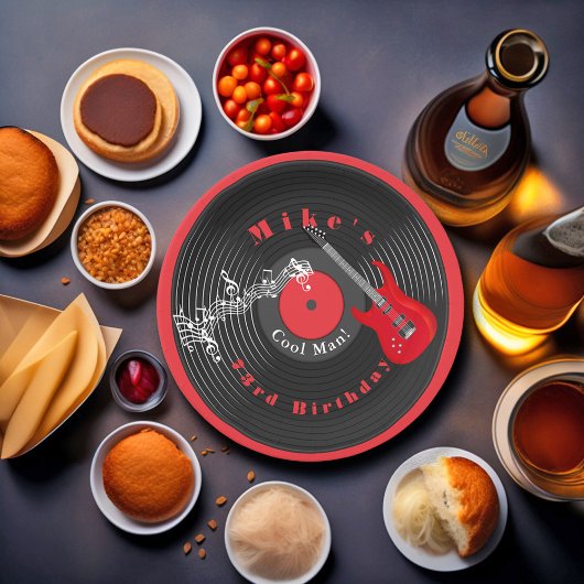 Verjaardag Retro Vinylplaat Rockmuziek Rode Gitaar Papieren Bordje