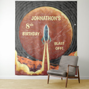 Verjaardag Rocket Ruimte Fun Foto Booth Achtergron Wandkleed