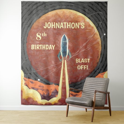 Verjaardag Rocket Ruimte Fun Foto Booth Achtergron Wandkleed (In situ)
