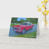Verjaardag, rode auto, origineel schilderij, glimm kaart (Gele Bloem)