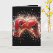 Verjaardag rode bokshandschoenen in vuurwerk kaart (Gele Bloem)