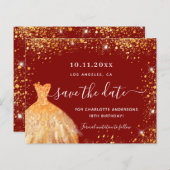 Verjaardag rode gouden jurk save the date kaart (Voorkant / Achterkant)
