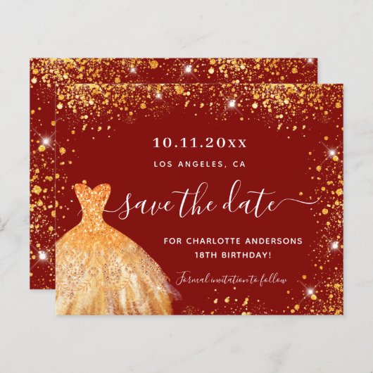 Verjaardag rode gouden jurk save the date kaart (Voorkant / Achterkant)