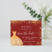 Verjaardag rode gouden jurk save the date kaart (Staand voorkant)