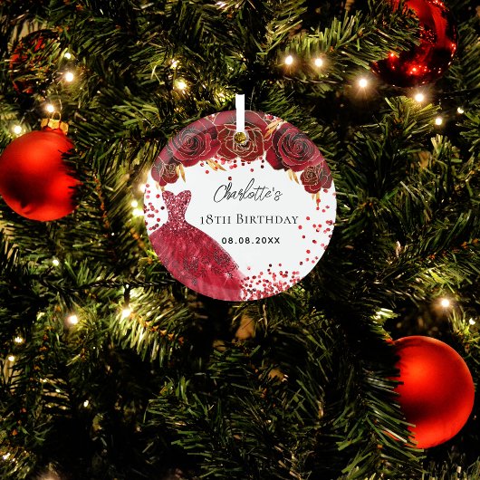 Verjaardag rode jurk bloemen wit glas ornament