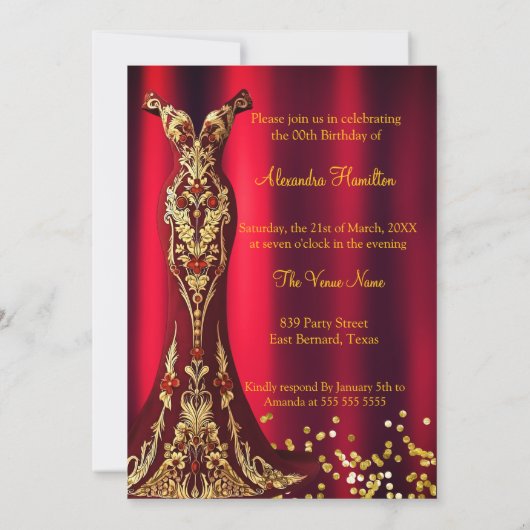 Verjaardag Rode Pareltjes Gouden jurk Champagne Kaart (Achterkant)