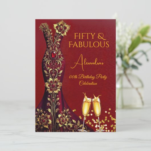 Verjaardag Rode Pareltjes Gouden jurk Champagne Kaart (Staand voorkant)