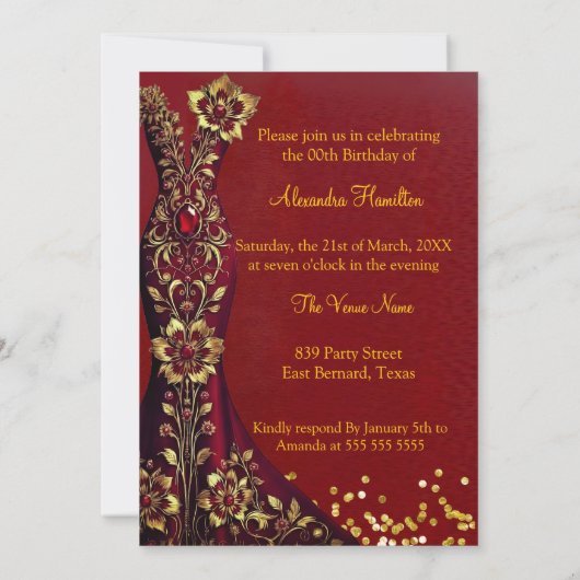 Verjaardag Rode Pareltjes Gouden jurk Champagne Kaart (Achterkant)