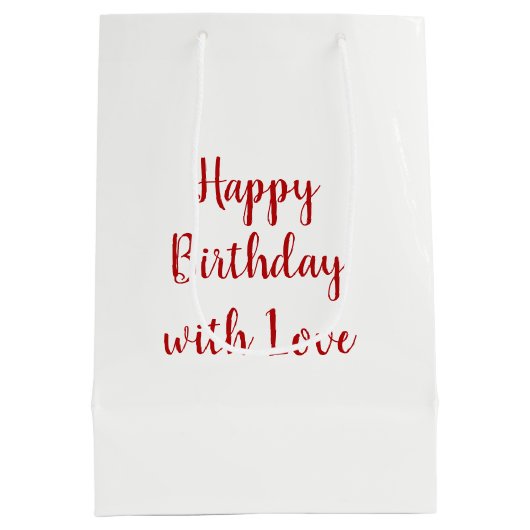 Verjaardag rode roos op witte satijn medium cadeauzakje (Achterkant)