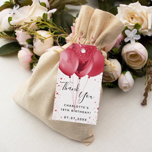 Verjaardag rode witte glitterballonnen dank je wel cadeaulabel